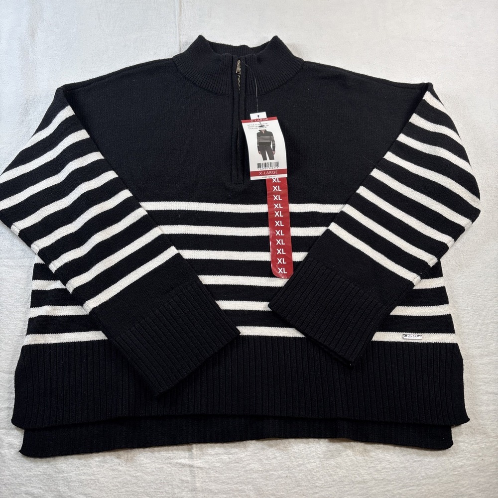 DKNY Donna Karan Women 1/4 Zip Black/ White Striped Sweater XL